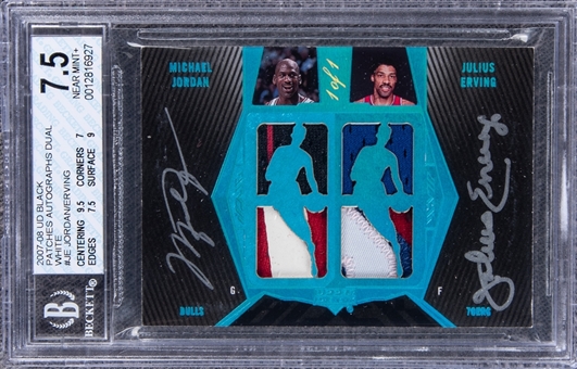 2007-08 UD Black "Patches Autographs Dual" White #JE Michael Jordan/Julius Erving Dual Signed Game Used Patch Card (#1/1) - BGS NM+ 7.5/BGS 10